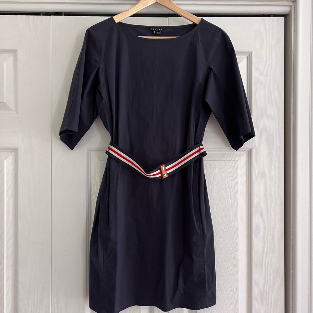 Theory cotton navy summer nautical boat dress with striped belt size Small